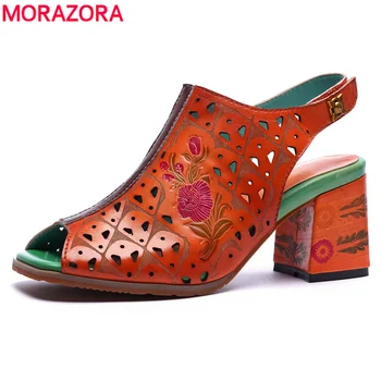 

MORAZORA 2020 genuine leather shoes women sandals open toe summer high heels sandals rome shoes print party prom shoes woman