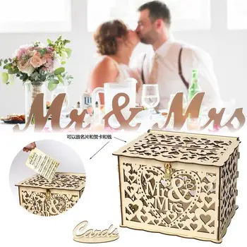 

DIY Wedding Gift Card Box Wooden Money Box with Lock Beautiful Wedding Decoration Supplies for Birthday Party 32x26x4cm