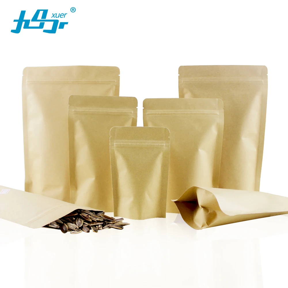 

Factory wholesale many size 50pcs Reusable stand up food grade foil inside kraft brown paper bag with zipper,zip lock tea bag