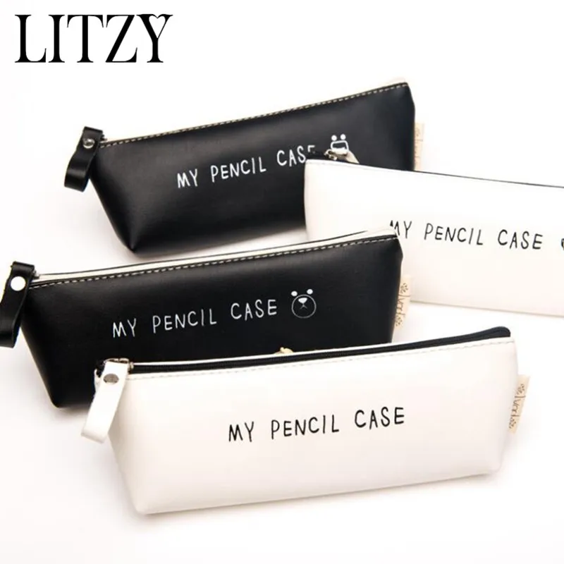 

Kawaii White Black Leather Pencil Case School Pencil Case for Boys Girls Stationery Cute Zipper Pencil Bag Box estojo escolar