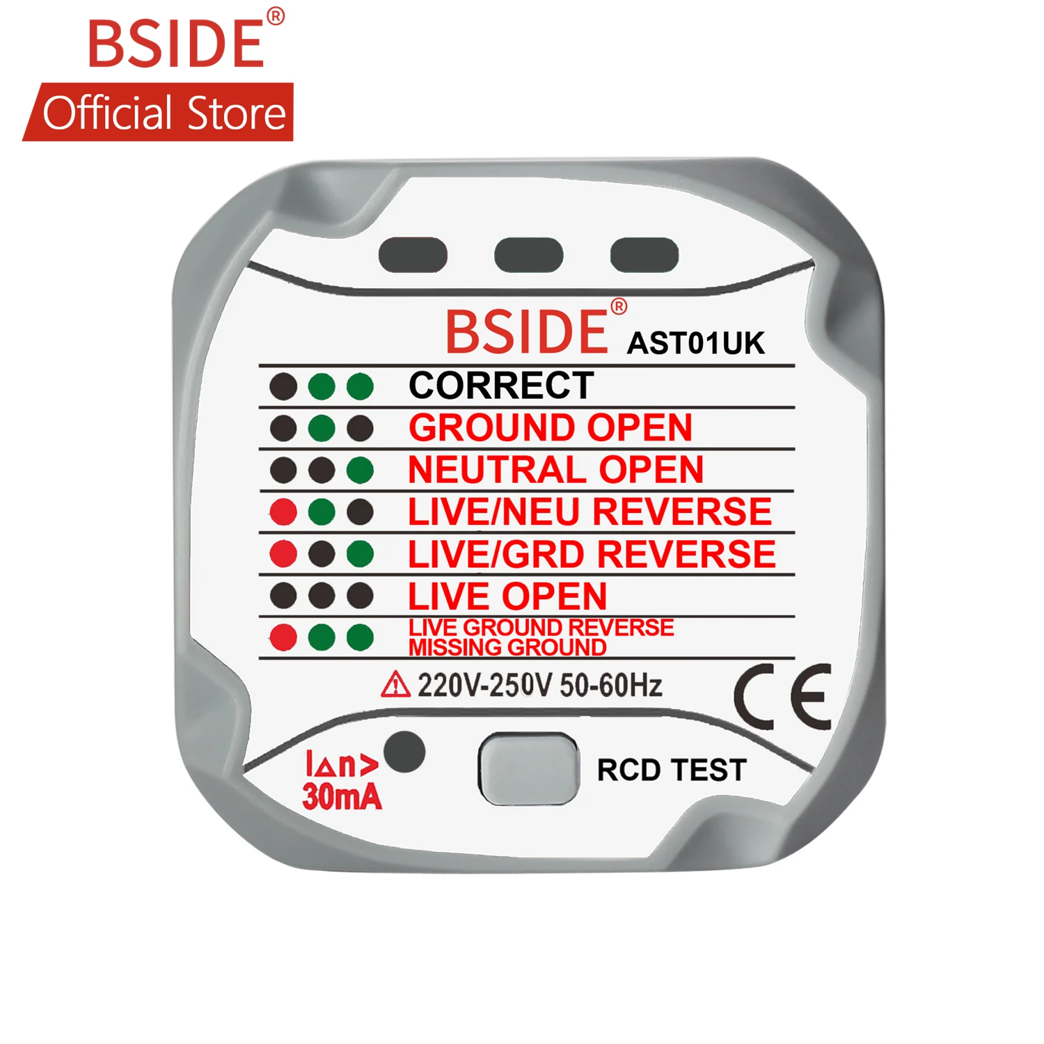 

BSIDE AST01UK Socket Tester Automatic Electric Circuit Polarity Detector Wall Plug with Neutral Live Earth Wire Testing RCD Test