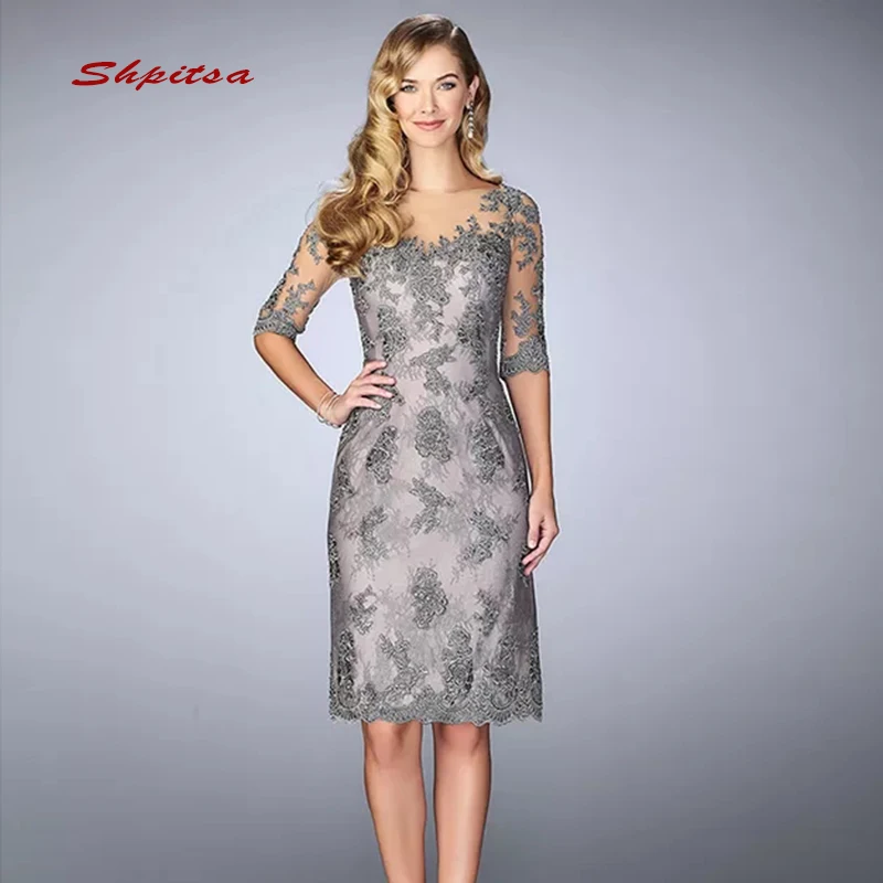 

Grey Lace Mother of the Bride Dresses for Weddings with Sleeves Knee Length Bridal Formal Godmother Groom Dresses