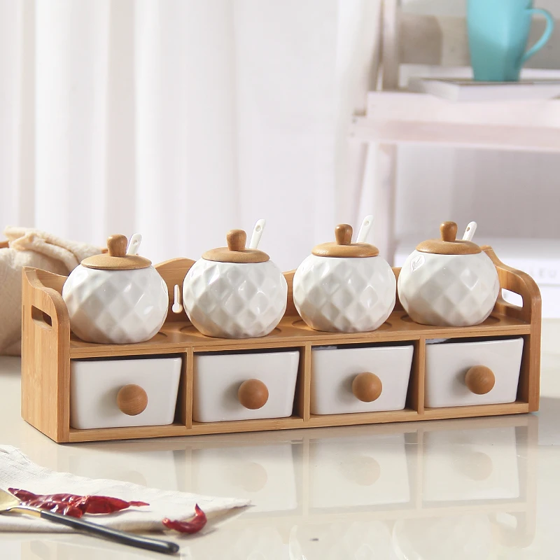 Glass set pot salt jar hollowed-out chopstick barrel bamboo wooden frame seasoning box ceramic tank mason honey jars for spices