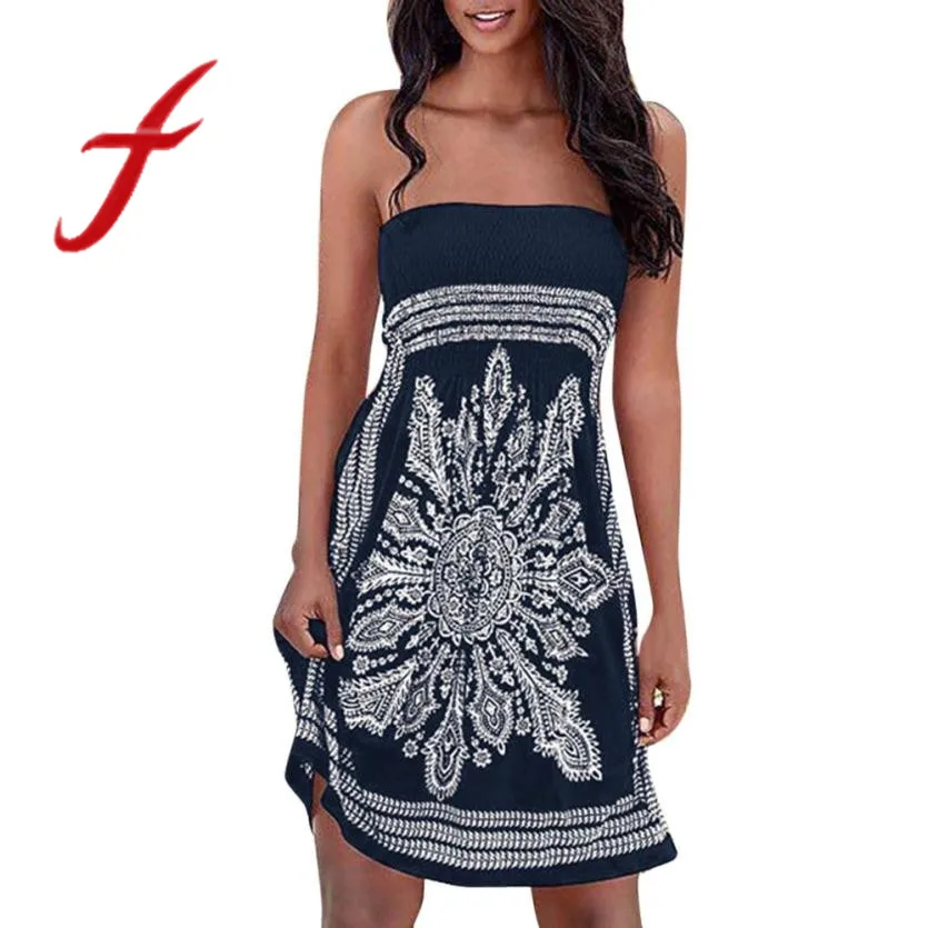 

Feitong Bohemian Women Dress Sexy Strapless Floral Casual Mini Beach Dress Beach Party Dress Sundress vestidos femininos 2019