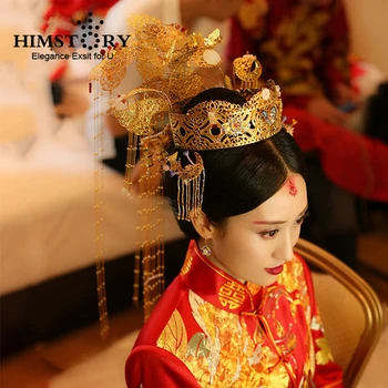 

HIMSTORY Traditional Chinese Wedding Bride Hair Tiaras Costume Chinese Style Empress Princess Long Tassel Queen Hair Accessory