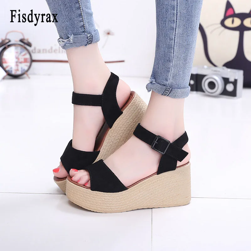 

Fisdyrax 2018 new Women Sandals Fish Mouth Platform High Heels Wedge Sandals Buckle suede Slope Sandals chaussure femme