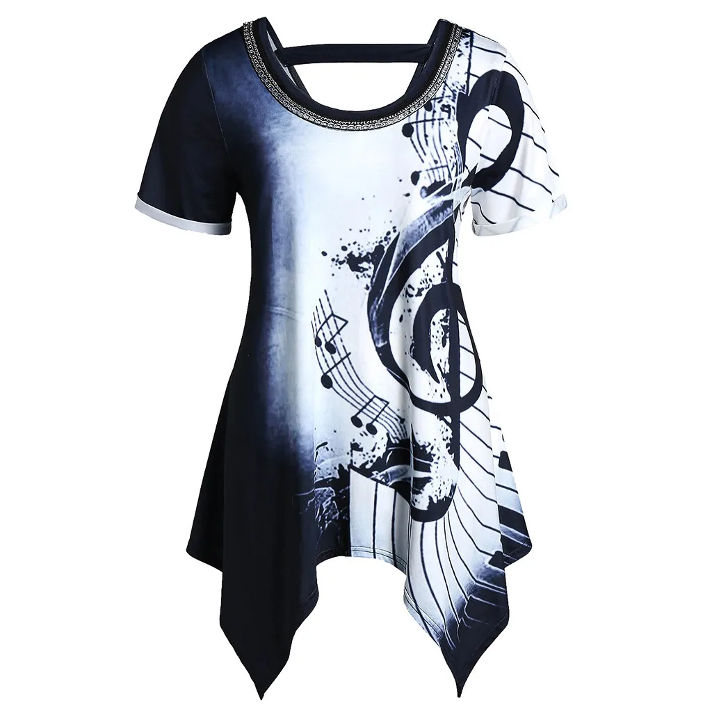 

Asymmetrical T Shirt Women Melody Musical Fashion Tops Notes Print Chains Embellished Tees Casual Summer Top Camiseta Femme