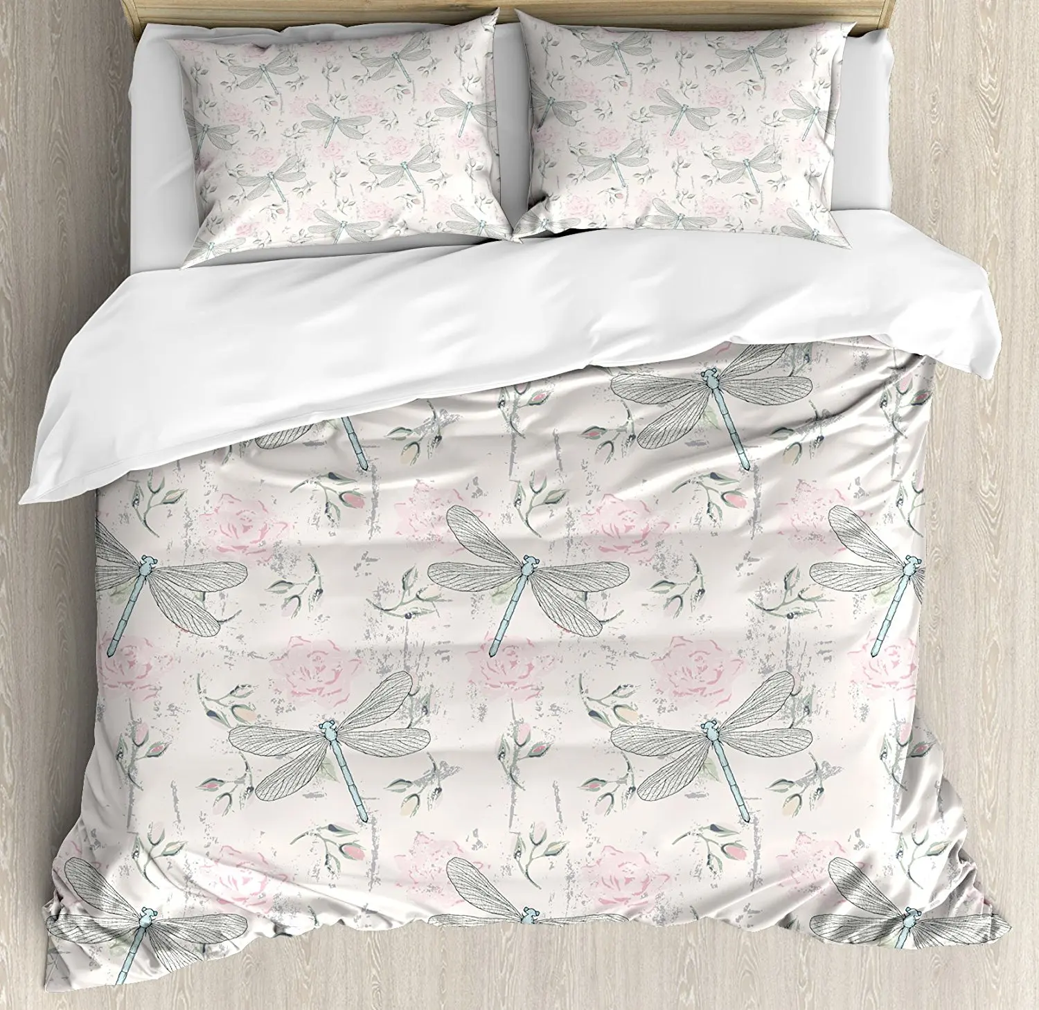 Dragonfly Duvet Cover Set Shabby Chic Roses Worn Old Vintage
