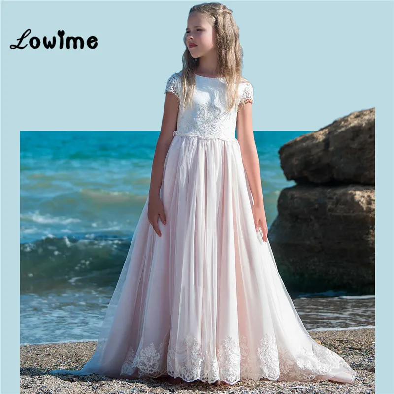 Light Pink Flower Girl Dresses For Weddings With Detachable Train Pageant Dresses For Girls Kids
