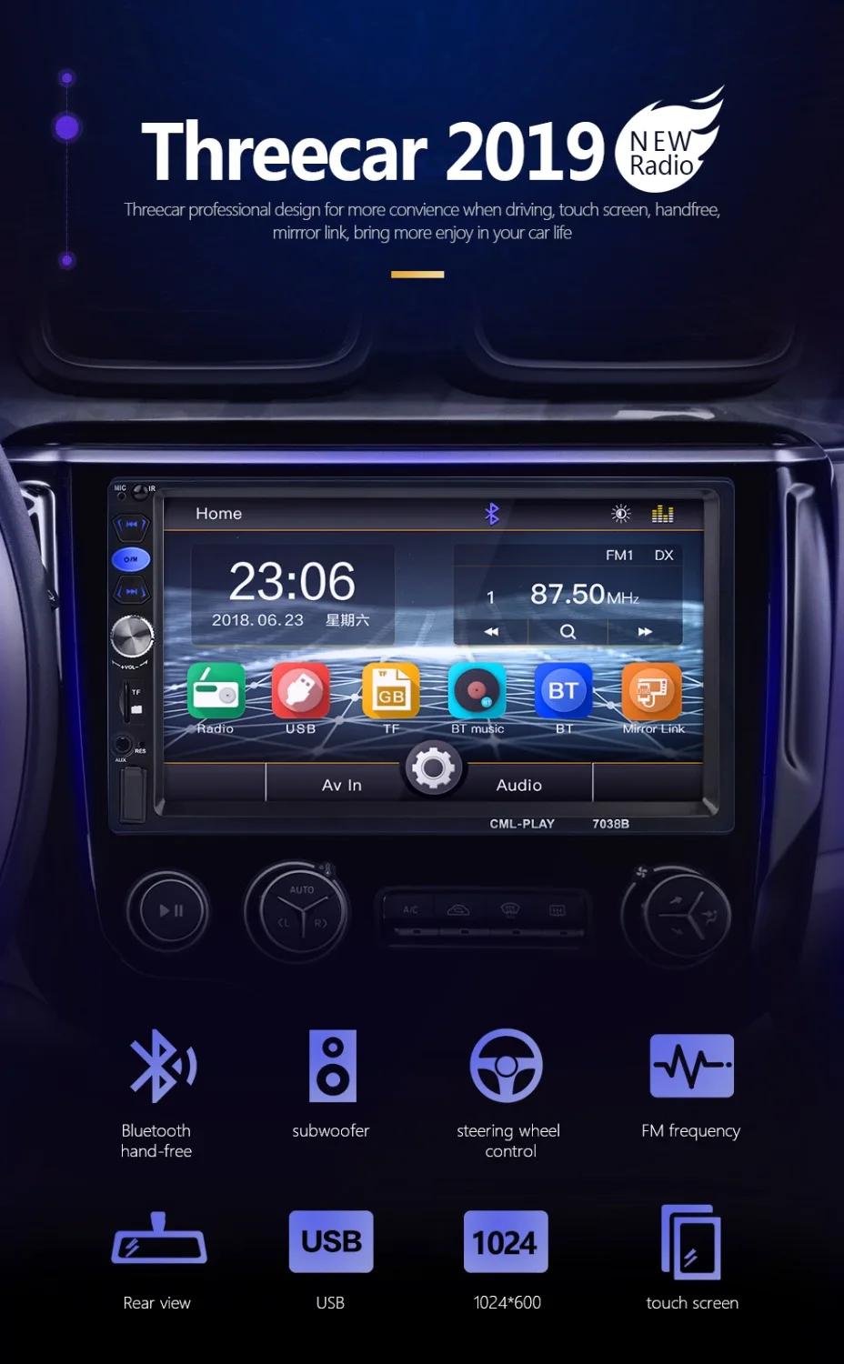 2 din coche Radio espejo enlace Autoradio reproductor Multimedia 2DIN pantalla táctil Auto audio coche estéreo MP5 Bluetooth USB TF cámara FM