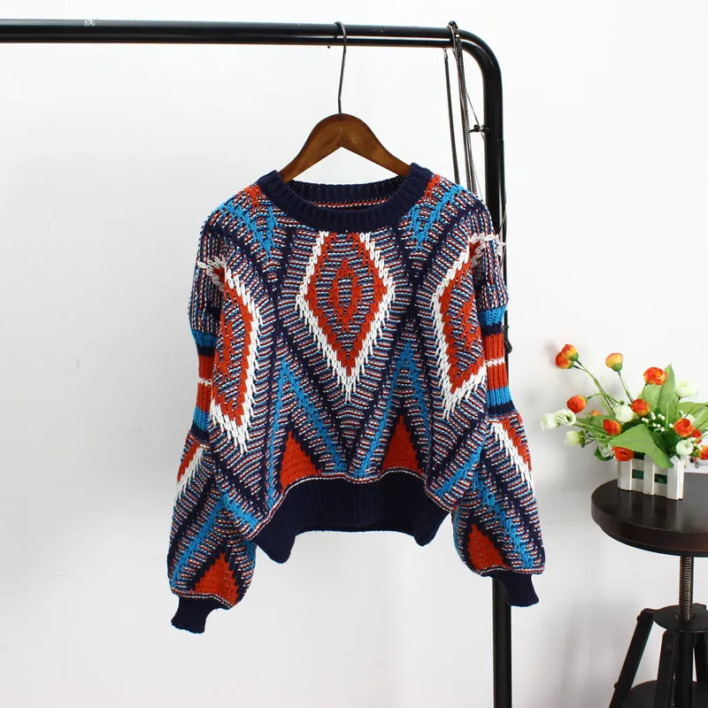 

MUMUZI 2018 Winter loose sweater women pullover women short lantern sleeves lazy wind hit color sweaters pull femme pullovers