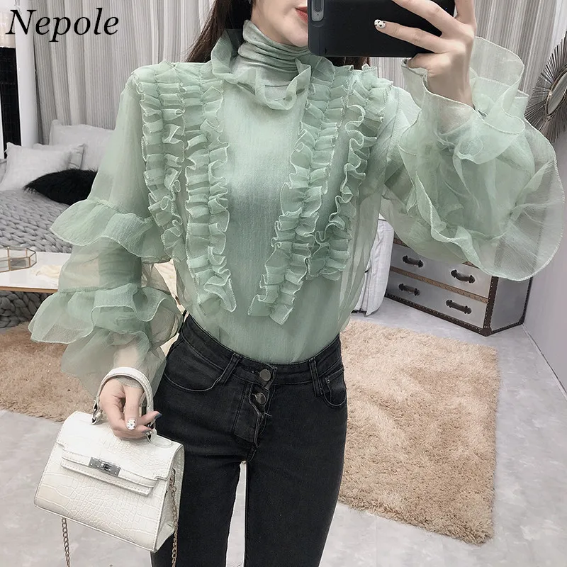 

Neploe 2019 Sweet Girl Two Pieces Set Solid Top+ Blouse Ruffles Perspective Spring Summer Vintage Long Sleeves Blusas 69862