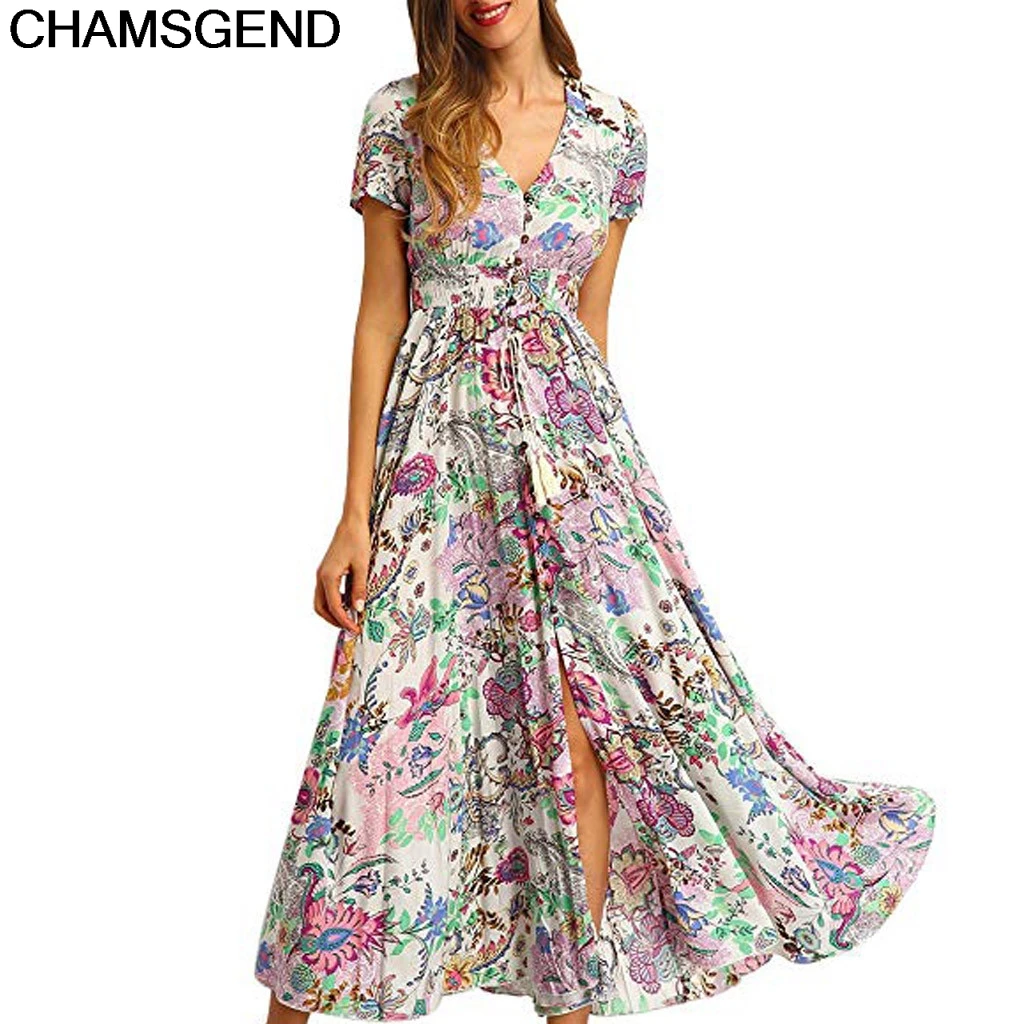 

CHAMSGEND Dress Womens Floral Boho Loose Dress Streetwear V Neck Print Button Up Split Flowy Party Maxi Dress vestidos 18.MAY.30