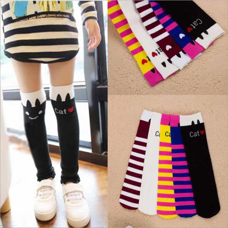 5 color toddler girls socks Children knitted stripe sock, girls Kitty sock,baby cartoon socks