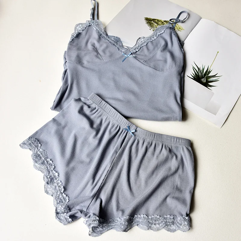 

Women Sexy Lace Lingerie 2 Piece Pajama Set Top+Shorts Cotton Pyjamas Spaghetti Strap Sleepwear Summer Pijama Nightie Home Wear