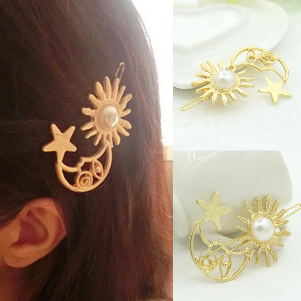 Star moon sun pearl ethnic wind hairpin side clip