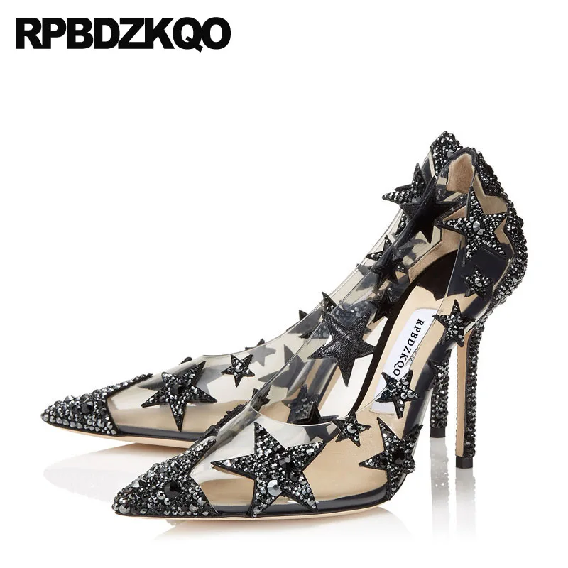 

crystal shoes women 2019 pointed toe rhinestone pvc diamond clear transparent pumps thin scarpin evening high heels ladies black