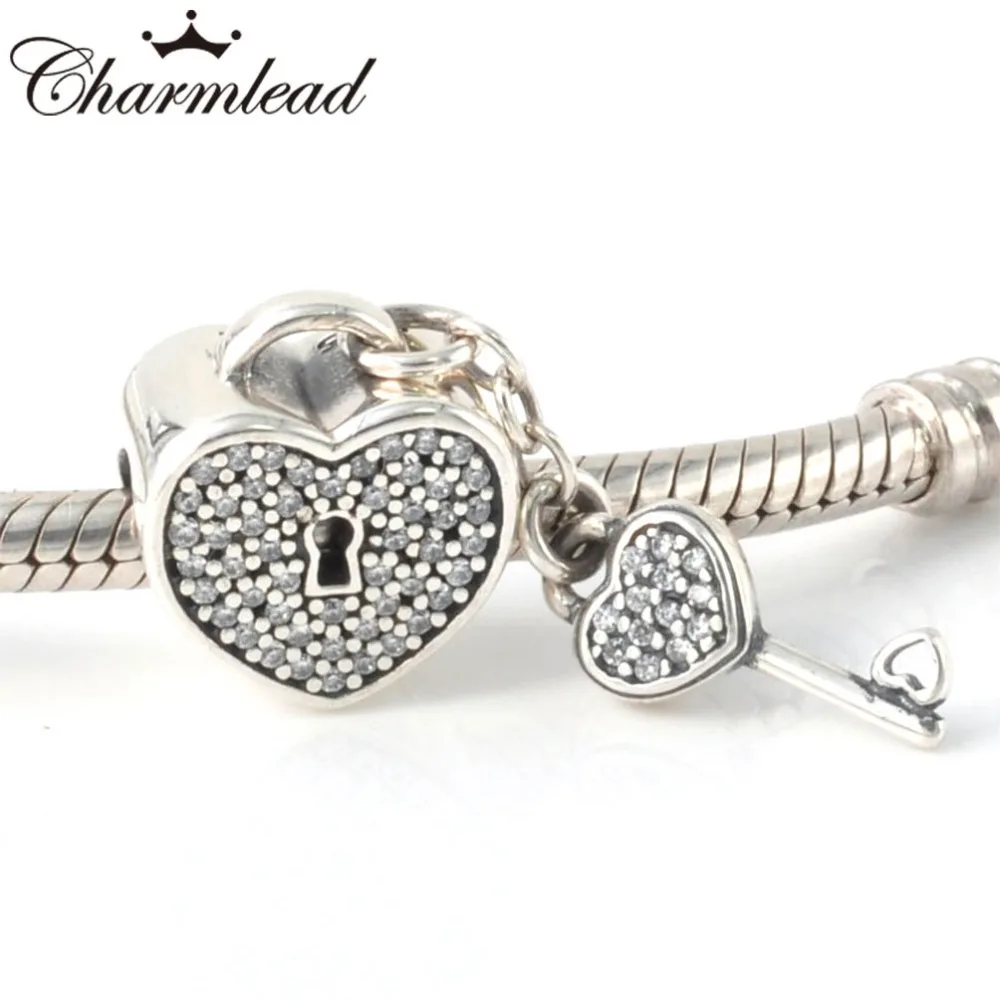 Authentic Sterling Silver Lock Of Love Charm Beads Bling Clear Cz Stone Key Heart Fits