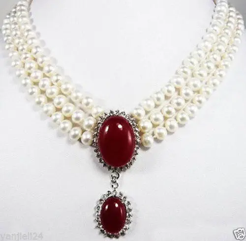 

Hot sale new Style >>>>>3 Rows White Pearl Red Jade 18KWGP Crystal Pendant Necklace
