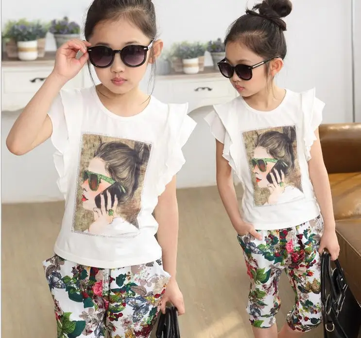 

New Pattern Korean Children's Garment Twinset Girl Shivering Suit Girl Summer Wear Kids Two Pieces Clothing Sets