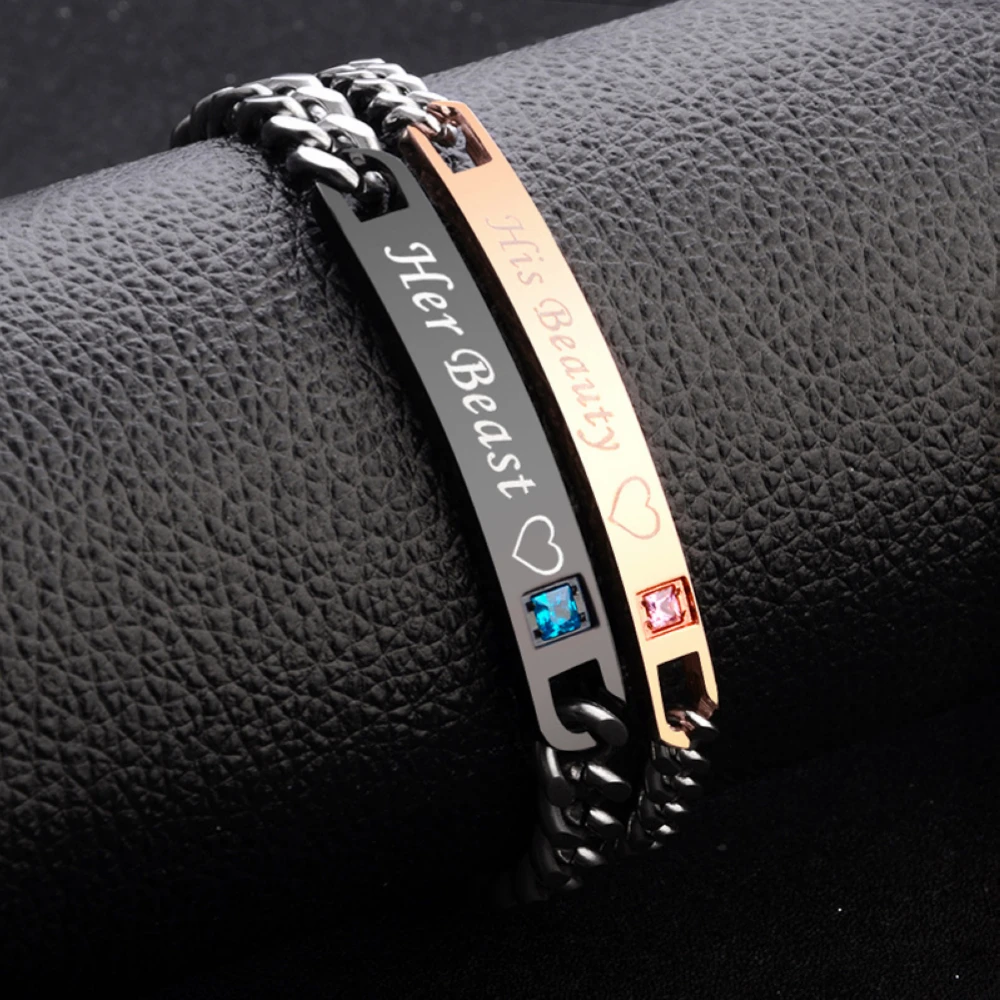 

BRT0012 Women's Male Romantic Crystal Couple Bracelet His Queen Her King Black Rose Gold Color on Hands Jewelry