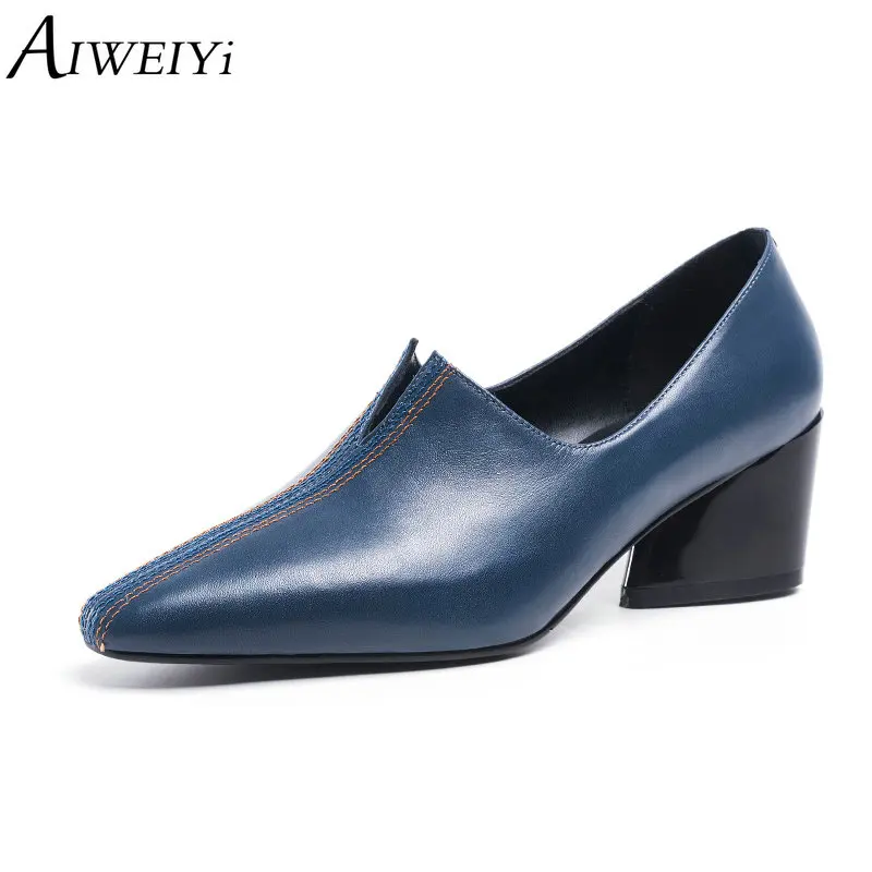 

AIWEIYi Natural Genuine Leather Women High Heels Platform Pumps Pointed Toe Slip On Basic Pumps Office Lady Casual Shoes