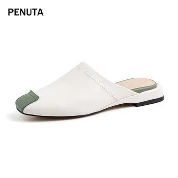 

2019 PENUTA Genuine Leather Women Slippers Low Heel Square Toe Mules Shoes High Quality Fashion Moccasins Korean Style PT911
