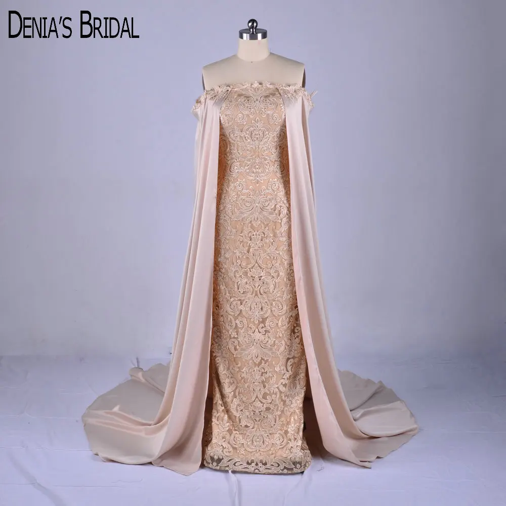 2019 Sheath Champagne Lace Evening Dresses with Beaded Satin Cape Formal Gowns | Свадьбы и торжества