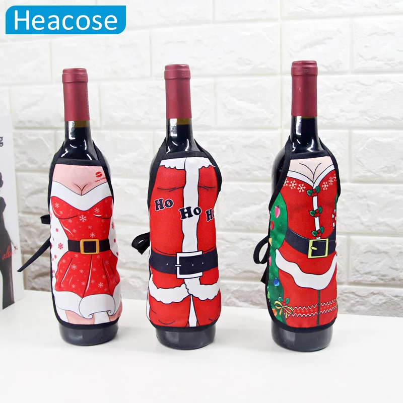 

2 pcs/lot sexy woman uniform wine bottle cover printed dogs trees Ornament new year Christmas Dinner Table Home party Decor