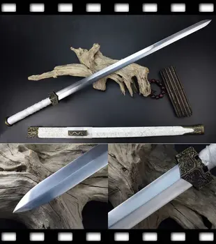 

CHINESE SWORD HAN JIAN HANDMADE 4 SIDE HIGH CARBON STEEL HAND CARVED ALLOY WOODEN SHEATH SHARP FULL TANG BLADE