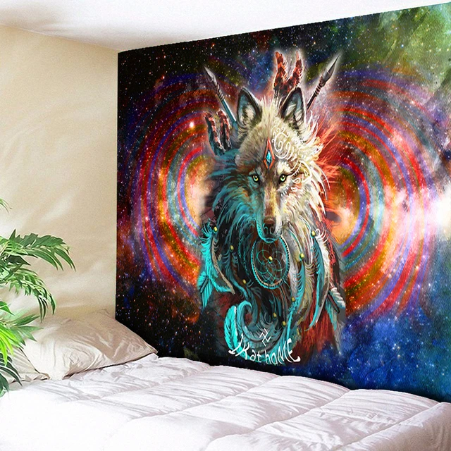 ラッピング無料 返品も保証 送料無料 オオカミ戦士 タペストリーネイティブアメリカン 壁掛け動物シーツインド オオカミタペストリー家の装飾ビーチマット寝具 大注目 Centrodeladultomayor Com Uy
