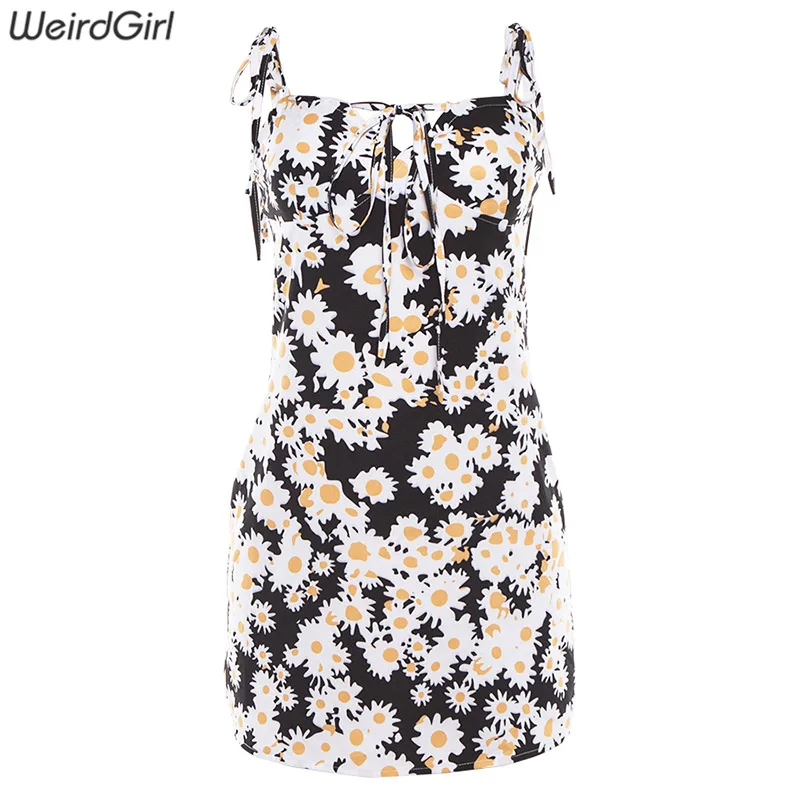 Weirdgirl женское летнее модное платье с цветочным принтом без бретелек, без рукавов, облегающее и расклешенное женское мини-платье, уличная одежда для отдыха - Цвет: Черный