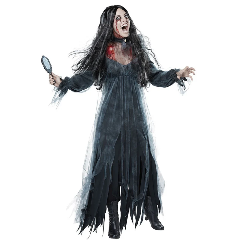 

Adult Women Halloween Scary Zombie Ghost Bride Fancy Dress Graveyard Corpse Costume Black Split Long Dress