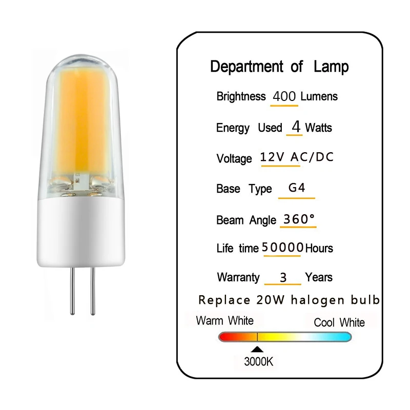 6 шт G4 светодиодный лампы 12V AC DC 4W 2609 COB светильник без мерцания лампада Lampara теплый