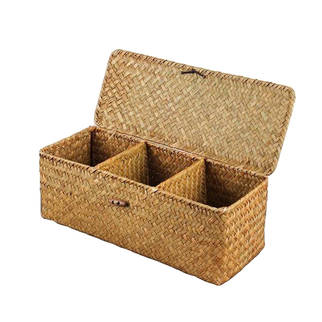 Wicker Storage Baskets Hand Woven Rectangle Tea Bags Box Wicker Storage Baskets Hand Woven Rectangle Tea Bags Box Chest Wooden Organizer Compartments Display Multi