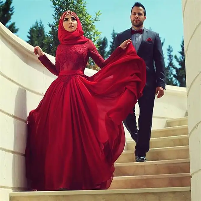 Arabic Kaftan Muslim Hijab Long Sleeve Dress 2016 Robe De Soiree Elegant Sexy Lace Chiffon Burgundy Evening Gowns Formal Dresses