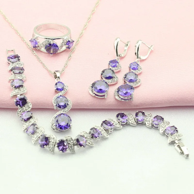 

WPAITKYS Purple Cubic Zirconia Silver Wedding Jewelry Sets For Women Trinket Drop Earrings Bracelet Pendant Ring Free Gift Box