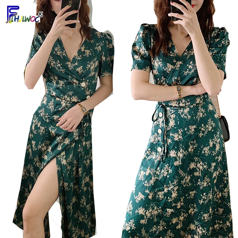 

Elegant Date Dresses Long Hot Sales Fashion Woman Summer Short Sleeve V Neck temperament Vintage Button One-Piece Dress Green