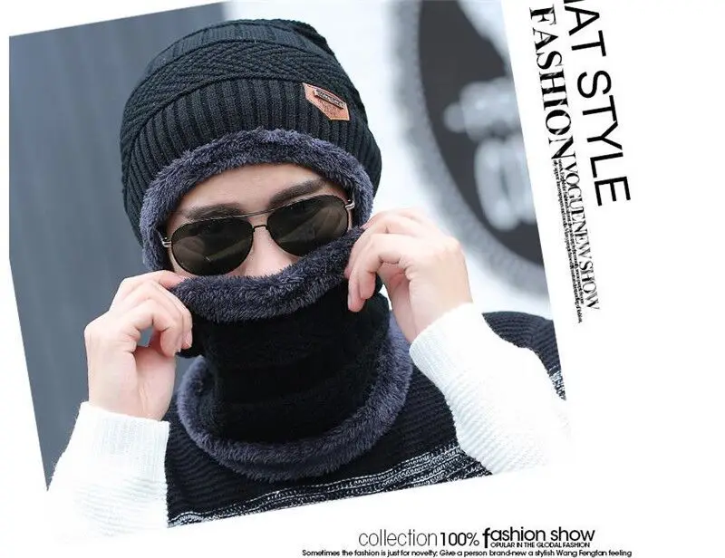 RUHAO Skullies Beanies 2pcs ski cap scarf cold warm leather winter hat for women men Knitted hat Bonnet Warm Cap