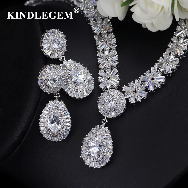

Kindlegem 2019 Luxury Zircon Parure Bijoux Femme Dubai Silver Earrings Necklace Sets Fashion Indian African Jewelry For Women
