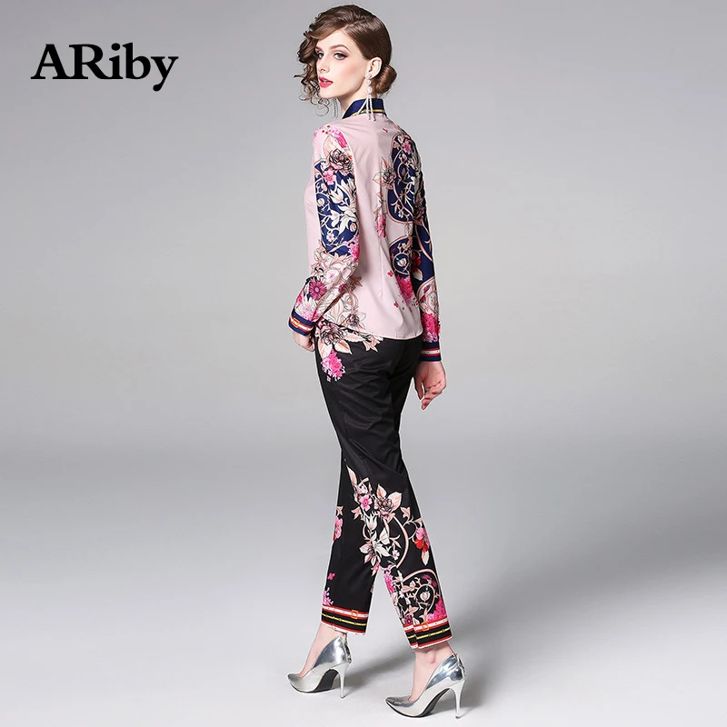 ARiby женский элегантный комплект из двух предметов с длинным рукавом и принтом, весна/лето, модная повседневная рубашка+ черные штаны, спортивный костюм, женский комплект