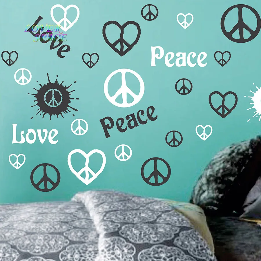 2 color Peace Love Peace Signs Hearts Vinyl Wall Decor Mural Decal Sticker