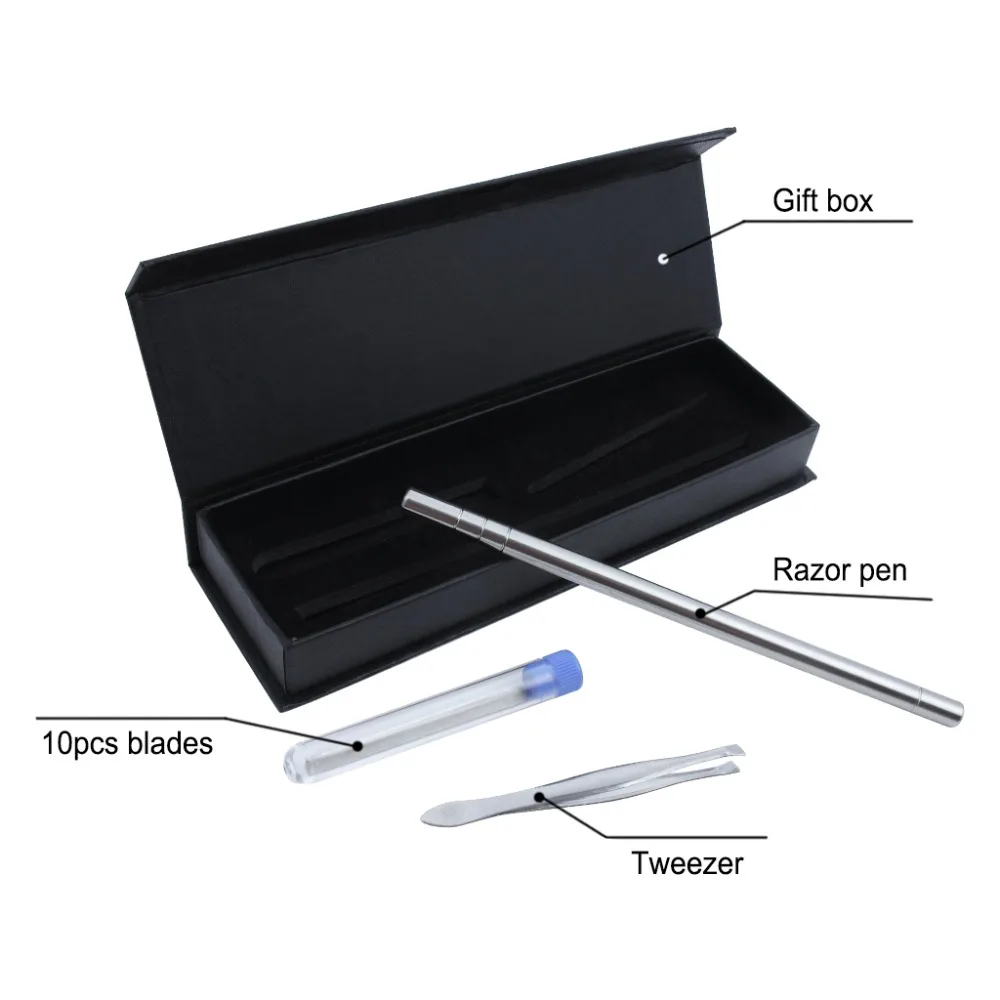 Hairstyle Design Pen Razor Hair Tattoo Trim Mustache Face Eyebrow Styling Stainless Steel Razor Pen + Tweezers + 10 blades for Men Women (4)