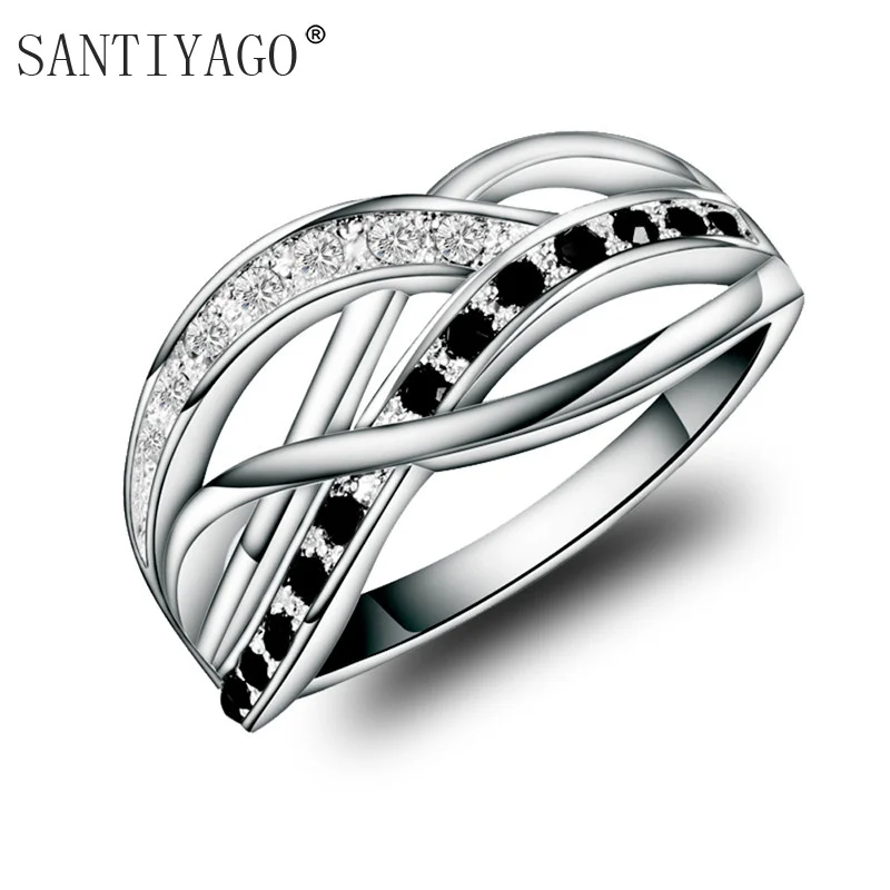 

Fashion Silver Plated Vintage Wide Twist Ring Fashion Men Women with Black and Clear Zircon Ring Women