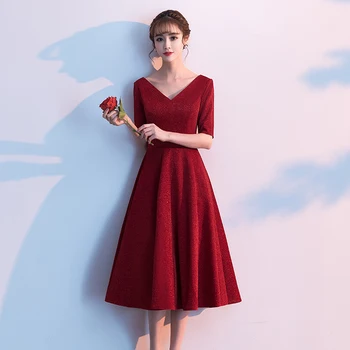 

2020 Sexy V Neck Evening Dresses Tea Length Elegant Formal Dress Wine Red Lace up Simple Chic Women Gown LF207