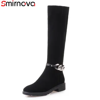 

Smirnova NEW 2018 arrival knee high boots square low heels suede leather boots round toe with metal decoration black women boots
