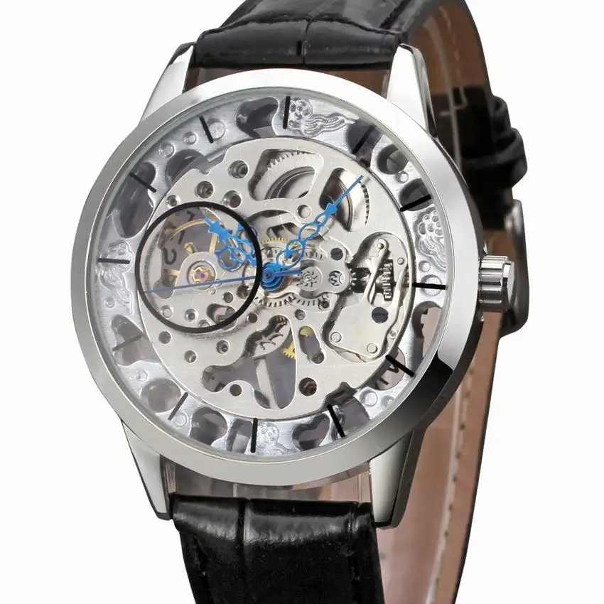 See Through Silver Tone Hollow Skeleton Steampunk Wind Up Mechanical Mens Wrist Watch A448in
