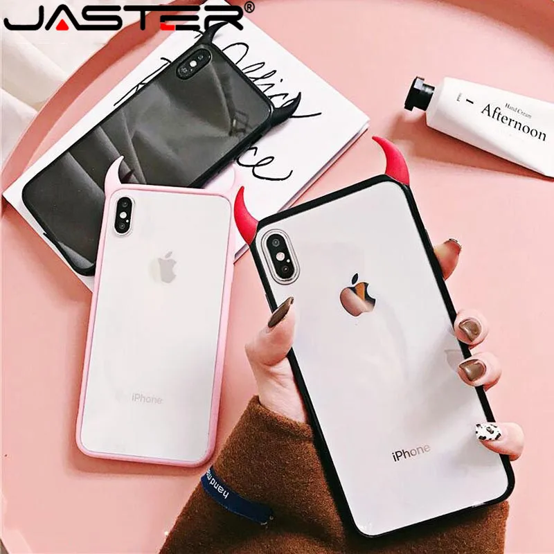 

JASTER Cute Devil Horn Case Full Body Protective Acrylic Phone Back Cover Cases Gift For iPhone XS Max XR XS 6 6S 7 8 Plus