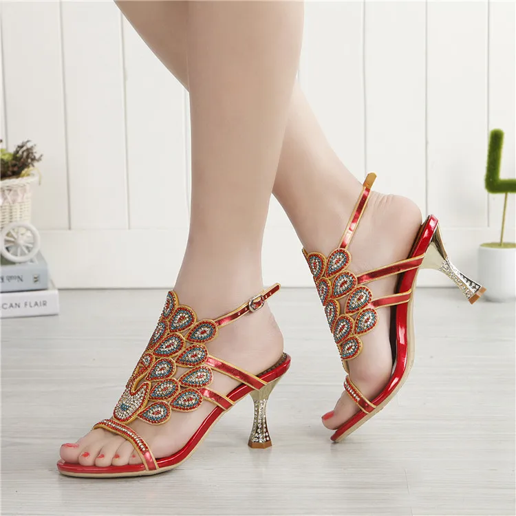 G-sparrow 2018 Summer New Korean Sexy Red Rhinestone Sandals Stiletto High Heel Diamonds Comfortable Womens Shoes Large Size6