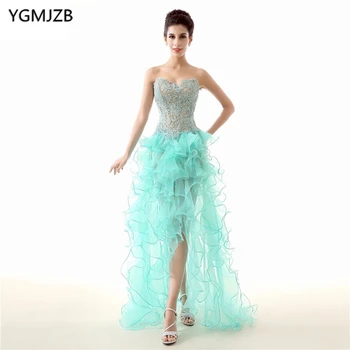 

High Low Evening Dresses 2018 Blue Sweetheart Off The Shoulder Beaded Appliques Organza Backless Evening Gown Formal Prom Dress